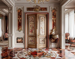 The entrance to the hall of an apartment in luxury style with marquetry on floor