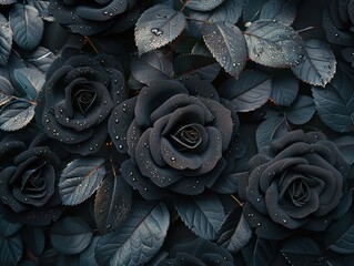 Mysterious dark toned image of roses with delicate dew drops on the petals, invoking a sense of serenity and depth within a lush setting