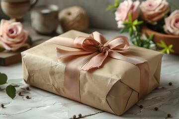 artisanal gift box with pink ribbon and roses on a rustic wooden table