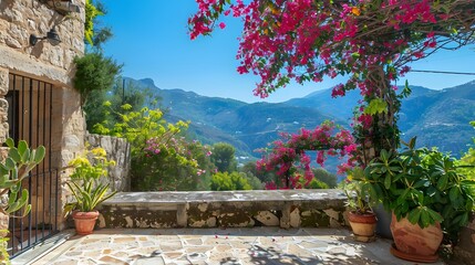 A picturesque courtyard with a stone wall covered in vibrant bougainvillea and jasmine, framing a...