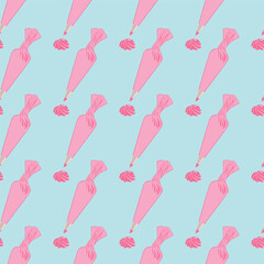 Seamless pattern with Pastry Bag icing. Baking process, frosting, decoration with pink cream. Kitchen equipment isolated on blue background. vector illustration.