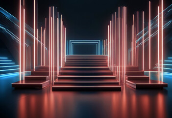 'podium neon vertical blue render glowing lines background stairs fashion performance illuminated 3d abstract stage poduim light line futuristic bright glow illustration future'