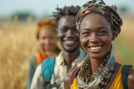 Witness a heartwarming scene of diverse missionaries from different ethnic backgrounds walking side by side with genuine smiles in the missionary field