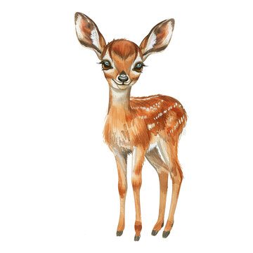 A cute little deer with brown fur and white spots stands on a white background