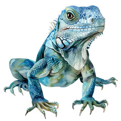 Obraz premium A blue lizard with green spots is standing on its hind legs