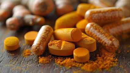 Macro Shot of Turmeric Supplement Pill with Antioxidant Properties in Herbal Remedy Concept. Concept Macro Photography, Turmeric Supplement, Antioxidant Properties, Herbal Remedy Concept - obrazy, fototapety, plakaty