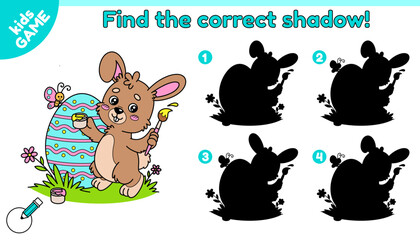 Educational kids Easter game. Find the correct shadow. Cartoon rabbit paints the egg with a brush for spring holiday. Activity book for school children. Vector baby illustration of the cute hare.