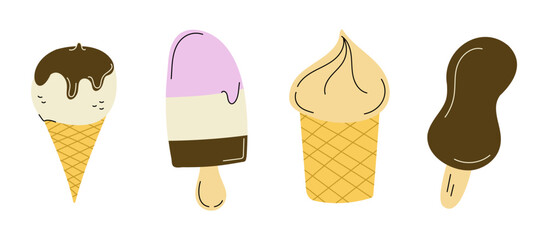 Set multi-layer ice cream, popsicle, waffle cup. Cone dipped in chocolate. Color Vector illustration. Collection of summer frozen dessert. Sweet food. Vanilla ball. Sweetness. Flat style.