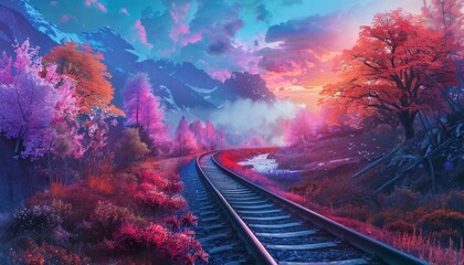 colorful landscape railway stretching into the distance among beautiful nature