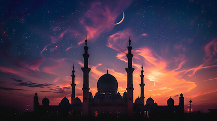 a majestic mosque silhouetted against a serene sunset or sunrise - obrazy, fototapety, plakaty