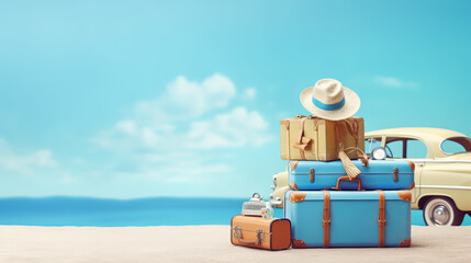 Blue retro car with luggage and summer accessories on blue background with copy space