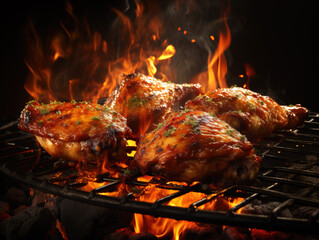 Chicken legs on the grill with flames, Bright color, ultra realistic