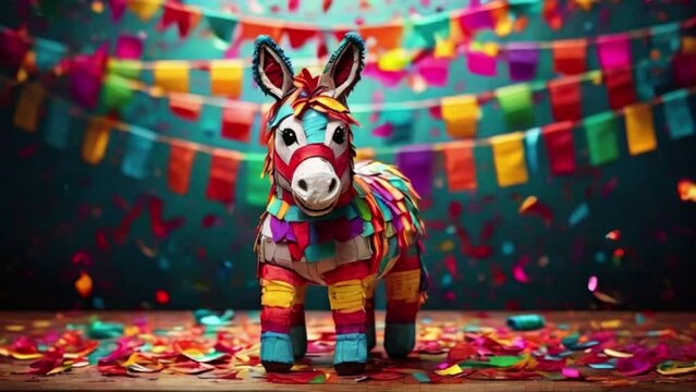 Vibrant сolorful donkey pinata surrounded by bright confetti.Cinco de Mayo.Fiesta created with generative ai