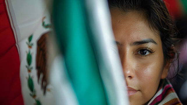rostro de mujer en las elecciones nacionales de M&eacute;xico con una bandera mexicana al costado tiempos de votaciones presidenciales elecciones gubernamentales elegir gobernantes