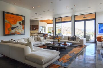 Obraz na płótnie Canvas Modern living room with sofa, paintings and furniture