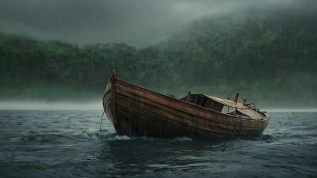 wooden boat in the sea, amidst the pouring rain during the flood 4k created with generative ai
