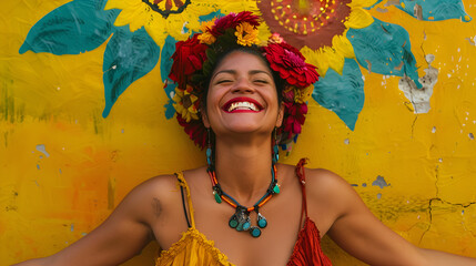 mujer latina mexicana hispana sonriendo expresando felicidad diseño artístico tradicional y cultural diseño mexicano diadema con flores proyectando sentimientos - obrazy, fototapety, plakaty