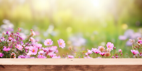 Summer floral natural background with a wooden board in the foreground and out of focus cosmea or cosmos flowers in a field