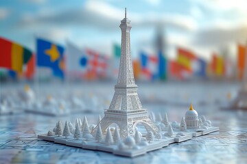 White statuette of the Eiffel Tower on the background of the flags of the countries of the world