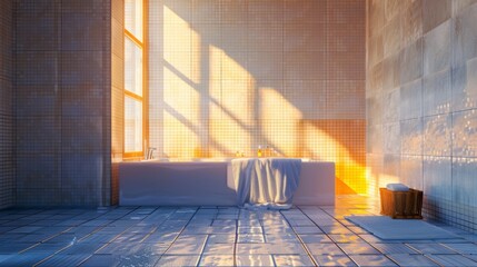 Bathroom tiles with morning window sunlight.