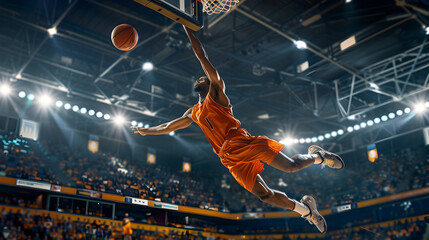A dynamic action shot of a basketball player soaring through the air for a slam dunk in a packed arena.


