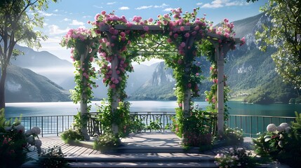 A romantic gazebo with a trellis covered in climbing roses and jasmine, providing a picturesque setting with views of a tranquil lake and distant mountains.