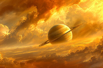 Golden wallpaper of Saturn in space surrounded by golden clouds in a warm atmosphere. 
