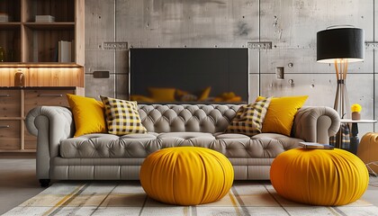 Immerse yourself in the refined atmosphere of a loft-style living room, where the central piece is a tufted grey sofa complemented by cheerful yellow pillows and a warm, inviting plaid.