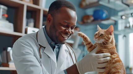 Veterinarian in Lab Coat Petting Cat