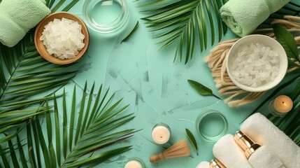 Promoting a healthy spa relaxation concept against a backdrop of green palm leaves, providing a serene atmosphere with space for additional text or content.