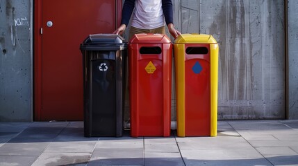 Woman Standing on Top of Three Trash Cans