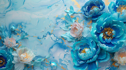 Fototapeta na wymiar fondo con textura en tercera dimensión de flores peonias azules con espacio para copiar y al fondo una pared de pintura moderna plantilla para diseño y decoraciones