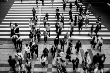 大阪梅田の繁華街で横断歩道を渡る人々。モノクロでブらせて撮影
