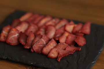 Meat Jerky Isolated, Dry Salted Chicken Slices, Small Pieces of Dehydrated Beef, Beer Snacks