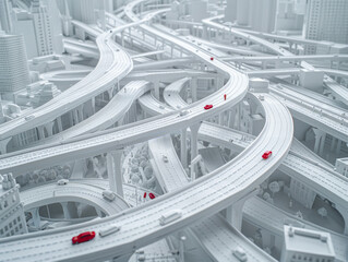 An intricate 3D model of a highway interchange system with multiple levels and lanes, featuring red vehicles.