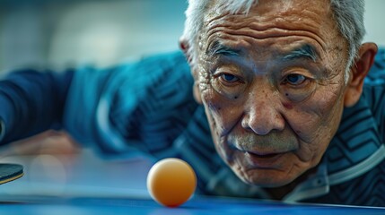 Senior male table tennis player intensely focused on returning a shot - obrazy, fototapety, plakaty
