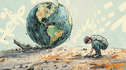 ilustracion del planeta tierra quedandose sin agua secandose persona intentando sanar el mundo arreglarlo buscando agua en medio del desierto
