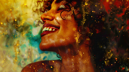 rostro de perfil de una mujer latina morena muy sonriente y feliz expresando felicidad libertad alegría y sensualidad con destellos dorados - obrazy, fototapety, plakaty