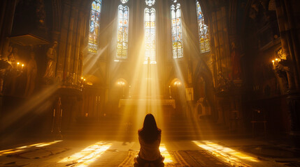 An atmospheric shot of a woman kneeling in prayer in the candlelit interior of a historic church, her hands clasped reverently as rays of sunlight filter through stained glass wind