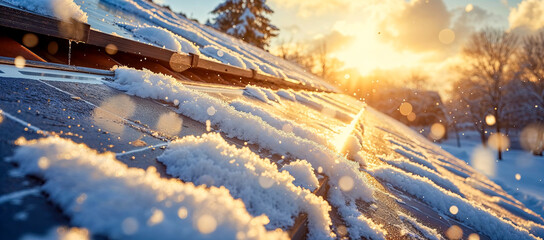 Solar panels covered by snow in the winter forest with the sun rising.	
