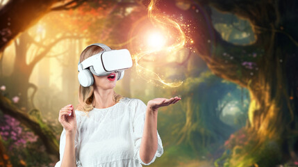Girl with VR goggles and standing while holding light flare and standing at magical forest. Woman...
