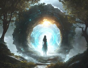 Fairytale portal. Conceptual image of a woman standing in the middle of a tunnel.