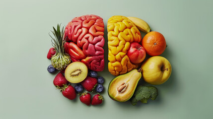 Half fruit, half veggies brain representation, a fresh take on mental health and diet correlation for wellness campaigns