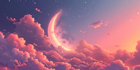 Obraz na płótnie Canvas Crescent moon floats above billowing clouds, vibrant against the night sky 🌙☁️ Embrace the celestial beauty.