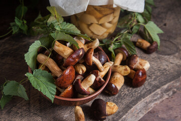 Pile of Imleria Badia or Boletus badius mushrooms commonly known as the bay bolete with canned mushroom in glass jar on vintage wooden background..