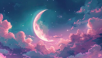 Ethereal clouds, stars, crescent moon illustration as background 🌙☁️✨ Capturing the magic of the night sky.