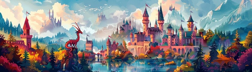 Vector illustration of a storybook kingdom, with castles, dragons, knights, and enchanted forests, in a colorful and detailed style