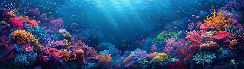 Obraz na płótnie Canvas Vector illustration of an underwater coral reef scene, teeming with colorful marine life, detailed textures, and a serene vibe