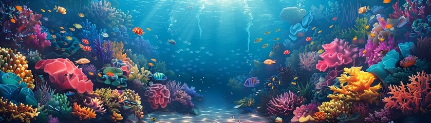 Fototapeta na wymiar Vector illustration of an underwater coral reef scene, teeming with colorful marine life, detailed textures, and a serene vibe