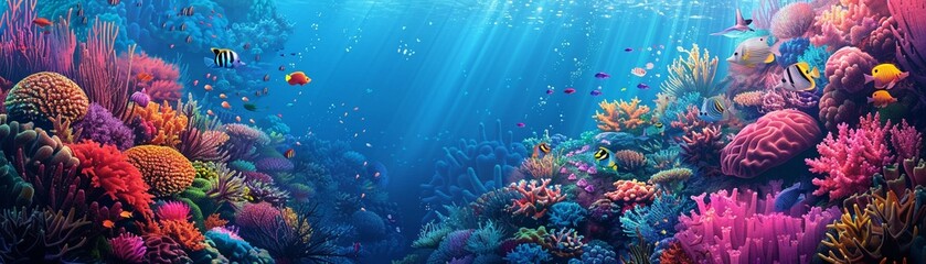 Vector illustration of an underwater coral reef scene, teeming with colorful marine life, detailed textures, and a serene vibe